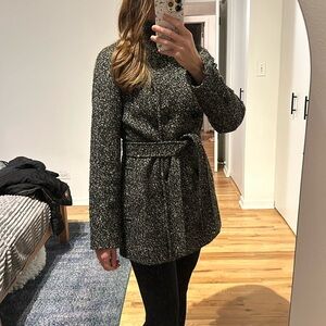 Calvin Klein Tweed Wool Winter Coat with Belt, Black and White Marled, Size XS/S